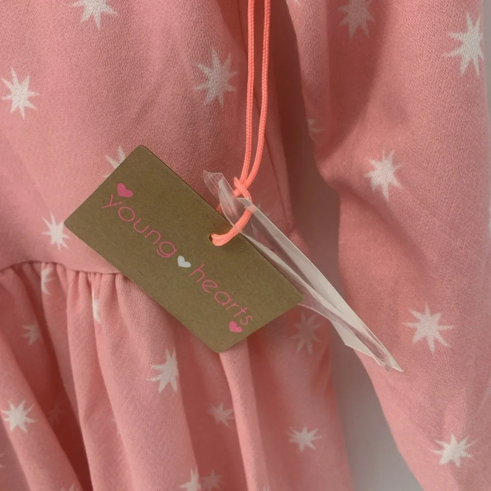 Young Hearts Long Sleeve Dress Pink With White Star Burst Size 5 NEW WITH TAGS